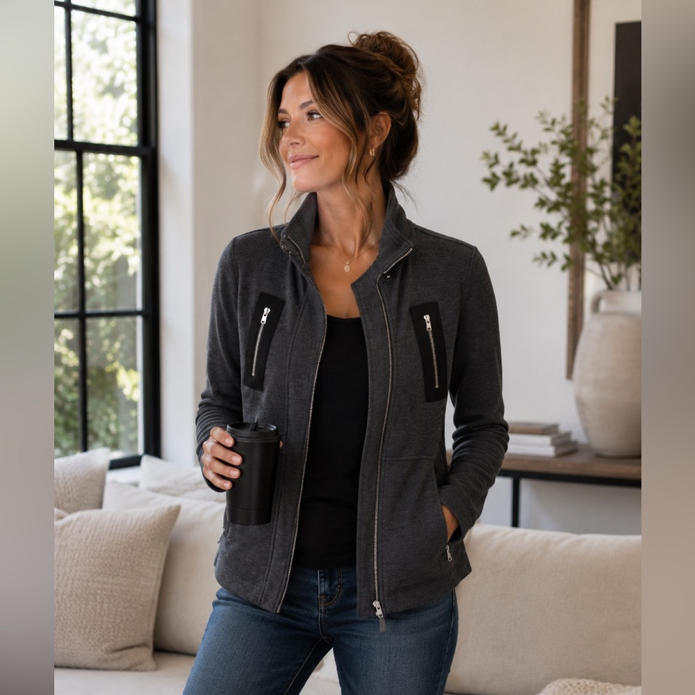 Cabi Love Cabi Zip Jacket Moto Style Gray Stretch Knit Mesh Back - XS